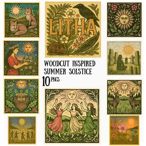 10 PNG del Solstizio d'estate, Arte pagana in stile xilografia, Pacchetto clipart Litha, Illustrazioni naturalistiche vintage, Estetica stregata di mezza estate