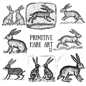 May include: A collection of black and white illustrations featuring various hares in different poses, including sitting, running, and facing each other. The text PRIMITIVE HARE ART 12 PNGS is centered among the drawings, which have a textured, ink-like appearance.