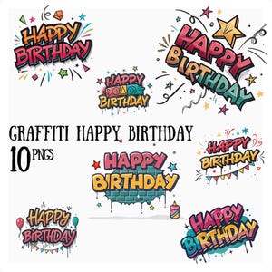 10 グラフィティ ハッピー バースデー PNG クリップアート、透明 PNG、バースデー PNG、バースデー ワード グラフィック、DIY バースデー カード、インスタント デジタル ダウンロード