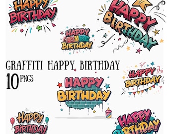 10 Graffiti Happy Birthday PNG Clipart: Urban Birthday Designs (Digital Download)
