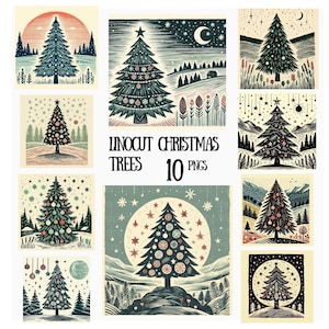 Linocut Christmas Tree Clipart, Vintage Holiday PNG Bundle (Digital)