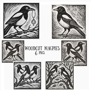 Clipartset houtsnede, ekster, 6 vintage vogel-png's, zwart-wit digitale illustraties, volkskunststijl voor ambachten en printables, ekster png