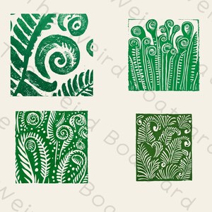 May include: Four green fern block prints on a cream background. Each square print features a different fern design, including unfurling fronds and detailed leaf patterns. The prints are in a square format.