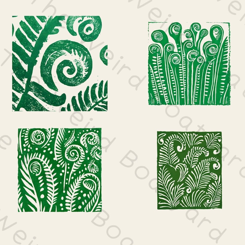 May include: Four green fern block prints on a cream background. Each square print features a different fern design, including unfurling fronds and detailed leaf patterns. The prints are in a square format.