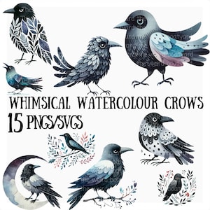 15 Whimsical Watercolour Crows Clipart, Transparent PNG and SVG, Instant Digital Downloads, Commercial Licence, Art for Crow Lovers, POD