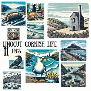 May include: A set of 11 digital illustrations depicting scenes of Cornish life, including a pasty, a seagull eating chips, a blackbird, a view of St Michael's Mount, and a Cornish cottage. The illustrations are in a linocut style.