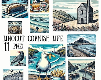 11  Linocut Style Cornish Life Clipart, Pasty, Surf PNG, Cream Tea, Seagull, Junk Journal, Mine, Chough, Commercial License, Cornwall Art