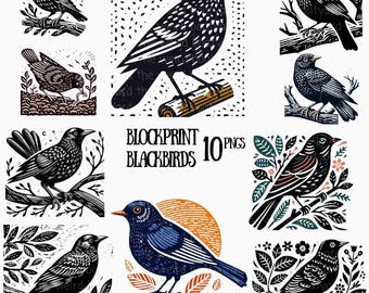 Blackbird Blockprint Images: 10 PNG and SVG Clipart Graphics (Digital Download)