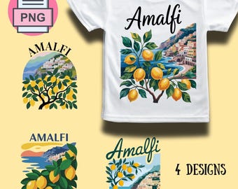 Lemon Amalfi Coast PNG Bundle, 4 Fresh Summer T-Shirt Designs, Sublimation Clipart for POD, Apparel & Coastal Vibes, Lemon Clipart