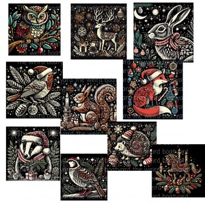 Woodcut Christmas Animals Clipart: Winter Woodland PNG Images (Digital Files) image 2