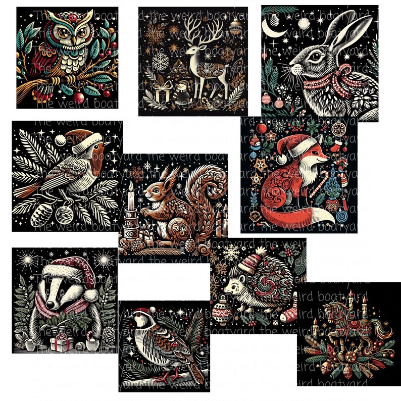 Woodcut Christmas Animals Clipart: Winter Woodland PNG Images (Digital Files) image 2