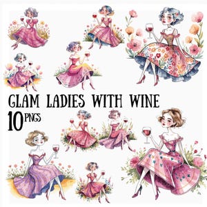 10 PNG di donne glamour che bevono vino - Clipart di abiti estivi per addii al nubilato, matrimoni, inviti per feste, sublimazione e artigianato, Clipart di vino rosso