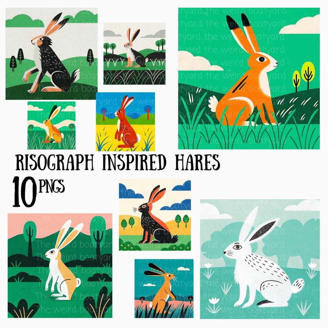 Risograph Hares Clipart: Retro Colorful Hare Graphics (PNG Digital ...
