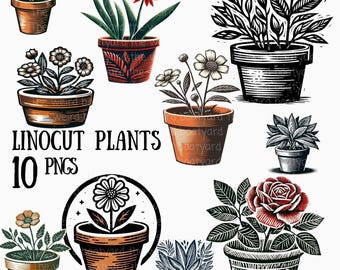 Linocut Plant PNGs: Vintage Botanical Clipart (Commercial Licence)