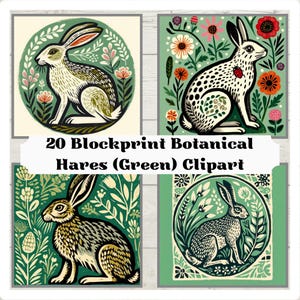20 Images Clipart Lièvre Botanique Style Blockprint | Téléchargement numérique | Art du lièvre | Parfait pour les travaux manuels, les cartes et la décoration | Art de la nature