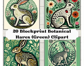 Botanical Hare Clipart: Green Blockprint Style, 20 PNG Images (Digital Download)