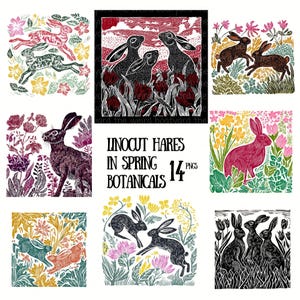 May include: A collection of linocut art prints featuring hares and spring botanicals. The prints showcase various scenes with hares in different colors, surrounded by flowers and foliage. The text "Linocut Hares in Spring Botanicals" is displayed.