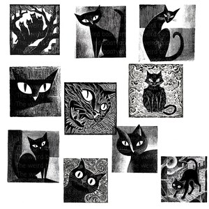 May include: A collection of black and white linocut prints featuring stylized black cats in various poses. The prints have a vintage, artistic aesthetic, with the text "The weird boatyard" visible on some.