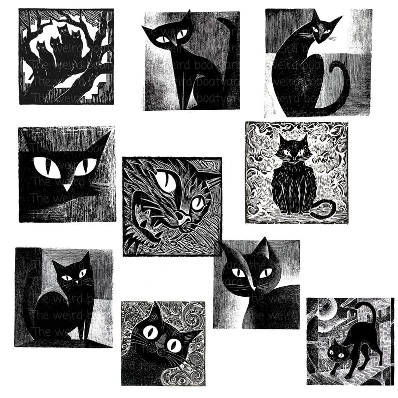 May include: A collection of black and white linocut prints featuring stylized black cats in various poses. The prints have a vintage, artistic aesthetic, with the text "The weird boatyard" visible on some.