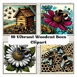 10 vivaci clipart di bombi e api in stile xilografia, download digitale per scrapbooking, artigianato fai da te, creazione di biglietti, arte ispirata alla natura