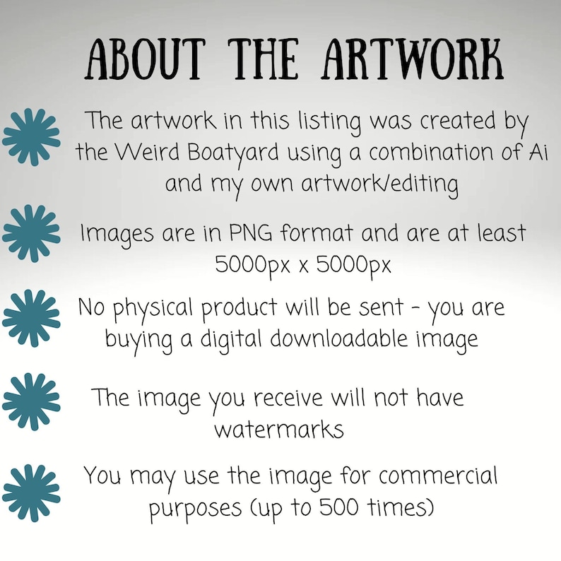 May include: A white background with the text "ABOUT THE ARTWORK" in a playful font. The text details the digital artwork's creation, format, size, and usage rights. Features teal floral accents.