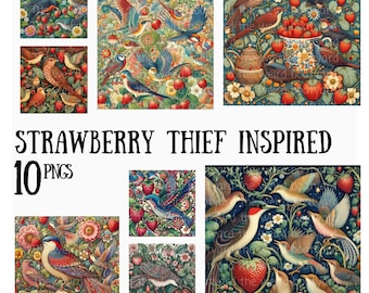 William Morris Strawberry Thief Clipart: Arts & Crafts Floral Bird PNGs (Digital Download)