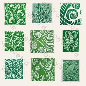 May include: Nine square prints displaying botanical designs in green and white. The prints feature diverse fern and leaf patterns, including spirals and detailed leaf structures. The artwork is set against a neutral background.