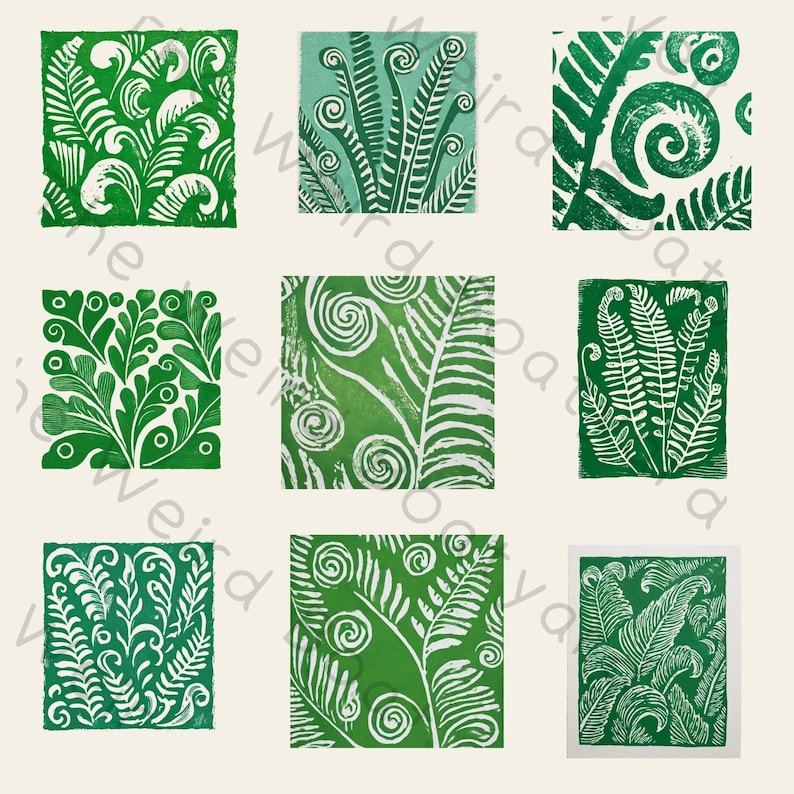 May include: Nine square prints displaying botanical designs in green and white. The prints feature diverse fern and leaf patterns, including spirals and detailed leaf structures. The artwork is set against a neutral background.