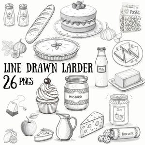 26 voedselvoorraadillustraties lijntekeningen | Clipart keukenkast | Taart, fruit, boter, kaas en kan, lijngetekende illustraties, png-sets