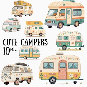 May include: A set of 10 digital illustrations of cute vintage campers in various styles. The campers are decorated with flowers, rainbows, and flags. The text "CUTE CAMPERS 10 PNGS" is displayed below the images.