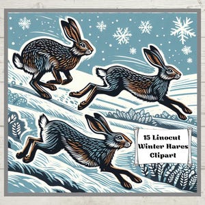 15 Linolschnitt Stil Winter Hase Clipart Bilder | Digitaler Download | Hase Kunst | Perfekt für Kunsthandwerk, Karten Dekor | Saisonales Weihnachten Winter
