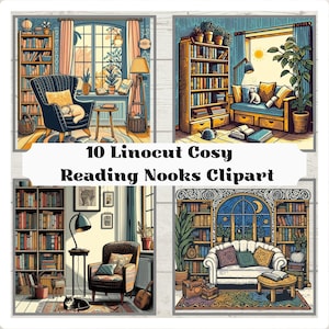 10 linosnede gezellige boekenhoekjes, digitale afbeeldingen, boekenliefhebbers, leeszaal, cadeau voor boekenliefhebber, gezellig interieur, boekenwurmen, hyggekunst, Booktok