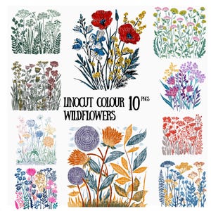 Puede incluir: Una colección de diez diseños de flores silvestres en linograbado en varios colores. Los diseños incluyen amapolas rojas, flores azules y amarillas y otros arreglos florales coloridos. Se muestra el texto "LINOCUT COLOUR 10 PNGS".