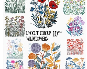 Linocut Wildflower Clipart: Vintage Botanical PNG Illustrations (Digital Download)
