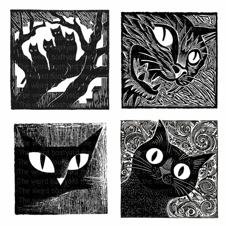May include: Four black and white linocut prints of cats. One print shows cats in a tree, another a cat's face, a third a cat's face with large eyes, and the last a cat with swirling patterns. The text "The weird boatyard" is present.