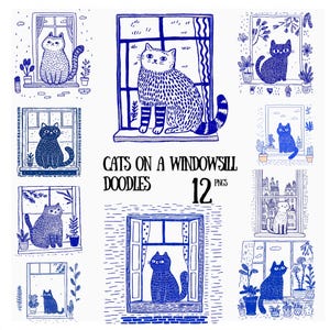 Puede incluir: Una colección de garabatos de gatos azules y blancos. La imagen presenta varios gatos sentados en alféizares, rodeados de plantas. También está presente el texto "CATS ON A WINDOWSILL DOODLES 12 PNGS".