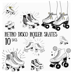 Può includere: Un set di 10 file SVG in bianco e nero con pattini a rotelle disco retrò. I pattini hanno una varietà di design, tra cui glitter, motivi geometrici e stelle. Il testo "Retro Disco Roller Skates 10 SVGs" è incluso nell'immagine.