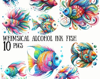 Imágenes prediseñadas de peces de acuarela caprichosos, PNG de océano colorido (10 imágenes)
