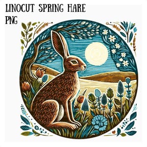 Lièvre printanier de style linogravure PNG | Téléchargement numérique | Clipart lièvre | Idéal pour le bricolage, la création de cartes et le scrapbooking | Printemps saisonnier, Pâques Art