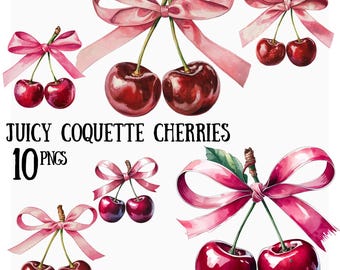 Coquette Cherries Clipart: Pink Bows, Digital Art (PNG)