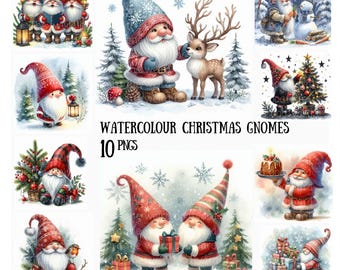 May include: A collection of watercolor Christmas gnomes in various scenes. The gnomes wear red and blue hats and coats, and are shown with reindeer, snowmen, Christmas trees, and gifts. The text "WATERCOLOUR CHRISTMAS GNOMES 10 PNGS" is also present.