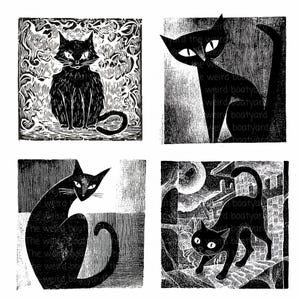 May include: A collection of four black and white linocut prints featuring stylized cats. Each print showcases a different pose and setting, including a cat sitting, standing, and prowling. The prints have a textured, handmade appearance, with the text "weird boatyard" visible.