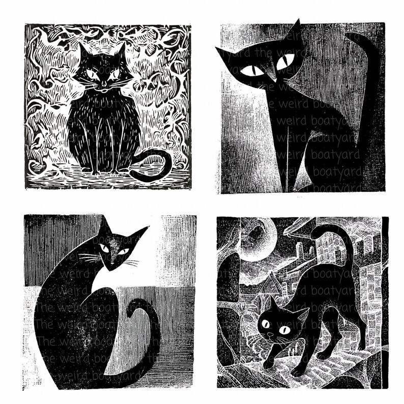 May include: A collection of four black and white linocut prints featuring stylized cats. Each print showcases a different pose and setting, including a cat sitting, standing, and prowling. The prints have a textured, handmade appearance, with the text "weird boatyard" visible.