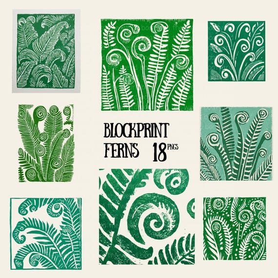 Blockprint Fern Art: Rustic Botanical PNGs (Digital Download)