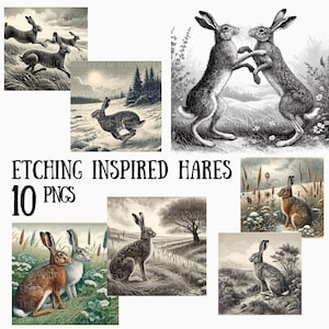 10 PNG lièvres classiques | Art animalier vintage style gravure à l'eau-forte | Impressions numériques pour art mural, sublimation, travaux manuels et plus encore, licence commerciale