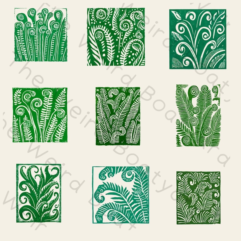May include: Nine green and white botanical block prints featuring fern and foliage designs. Each rectangular print showcases detailed patterns of leaves and unfurling fronds. The prints are set against a cream-coloured background.