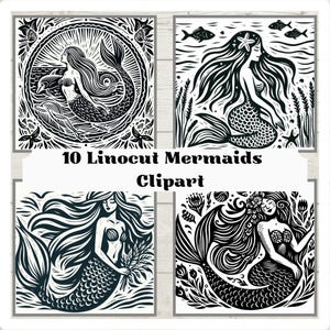 10 Meerjungfrau im Linolschnitt Stil, Clipart, Algen, Fische, Mythisch, Algen, POD und Decoupage, Journaling, Kommerzielle Lizenz, PNG.