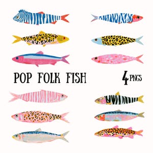 Puede incluir: Una colección digital de doce ilustraciones de peces etiquetada como POP FOLK FISH 4 PNGS. Los peces presentan varios patrones, incluyendo rayas azules, manchas de leopardo amarillas y negras, rayas rosas y escamas multicolores en rosa, azul y naranja.