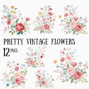 Set of 12 Vintage Flower PNGs, Pretty Floral Clipart, Digital Download for Crafts & Sublimation, Wedding Designs, Scrapbooking and Stickers