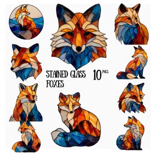 Stained Glass Fox Clipart Set: Woodland Animal PNGs (Digital Download, Commercial Use Allowed)